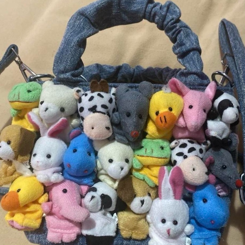 Plush Animal Toy Set with Denim Bag